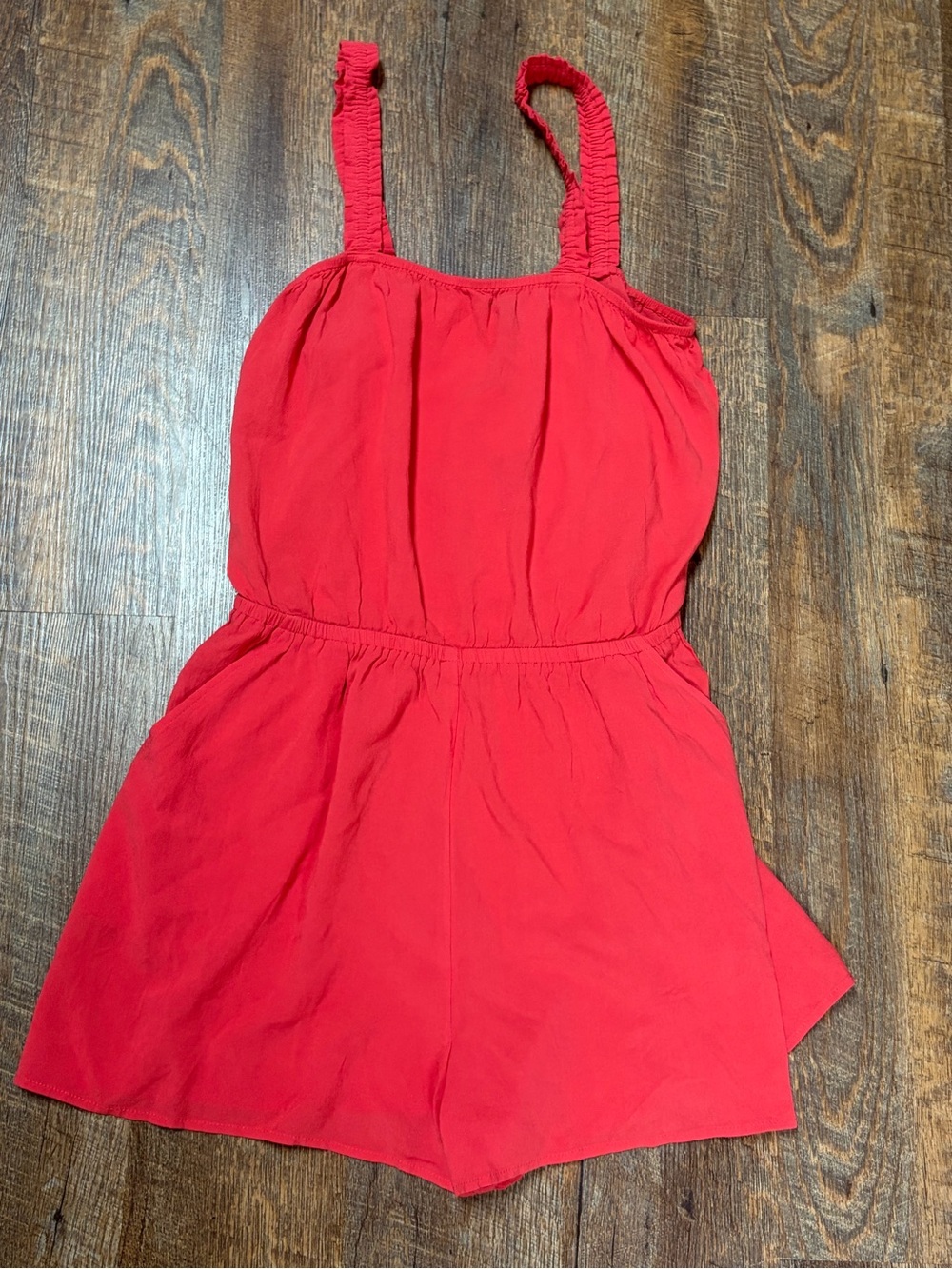 Express Bright Coral/Redish Sleeveless Romper with Ruched Straps